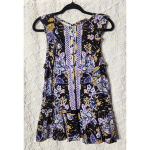 Free People Womens Floral Linen Tank Size Small Purple Black Ruffle Romantic Fem